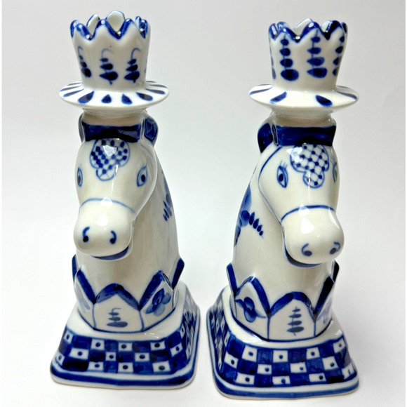 Set Vintage Gzhel Hand Painted Blue & White Porcelain Horse Candlesticks Holders - Picture 5 of 6